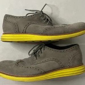 Cole Haan Mens Suede Bright Yellow Sole Wingtip Oxford Dress Shoes Gray Size 8.5 COLE HAAN ~ Gray Suede Yellow Soles Lunargrand Wingtip  main image 3